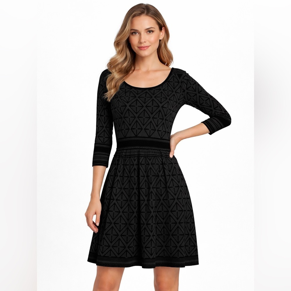 Calvin Klein Black Geometric Fit & Flare Dress 3/4 Sleeve Size M